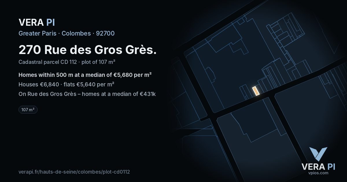 270 Rue des Gros Grès, Colombes at night – the plot lit, the parcels around coloured by the prices near them