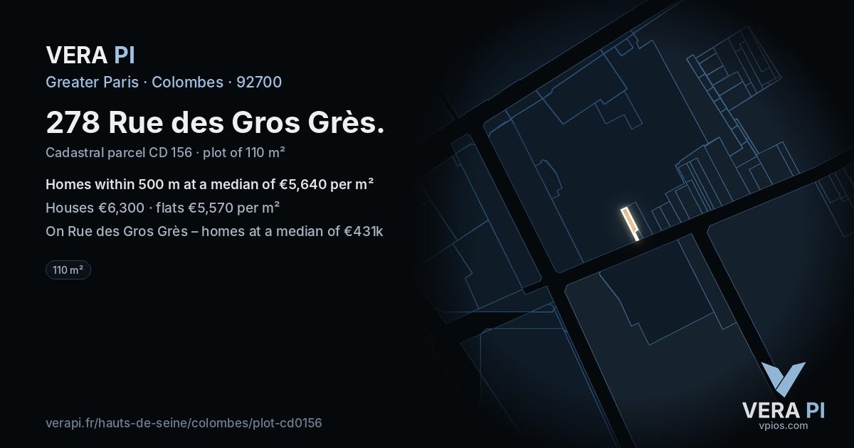 278 Rue des Gros Grès, Colombes at night – the plot lit, the parcels around coloured by the prices near them