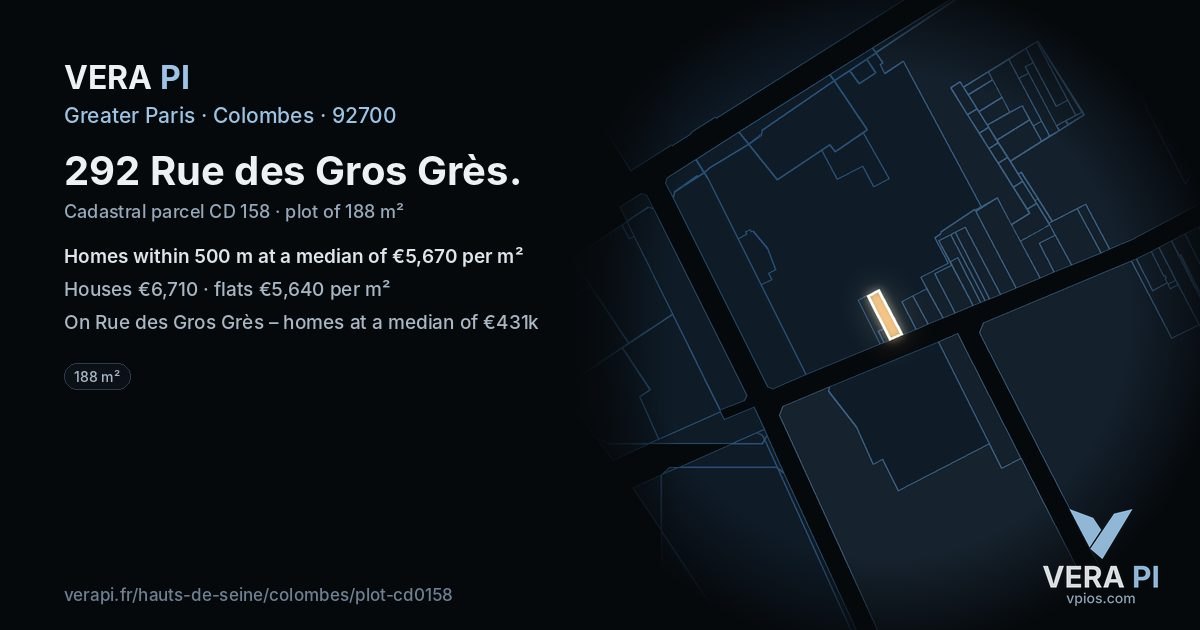 292 Rue des Gros Grès, Colombes at night – the plot lit, the parcels around coloured by the prices near them