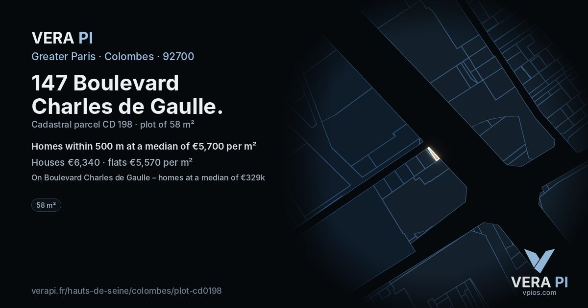 147 Boulevard Charles de Gaulle, Colombes at night – the plot lit, the parcels around coloured by the prices near them