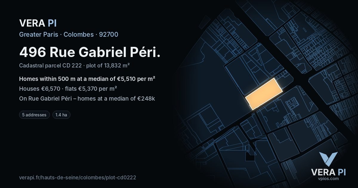 496 Rue Gabriel Péri, Colombes at night – the plot lit, the parcels around coloured by the prices near them