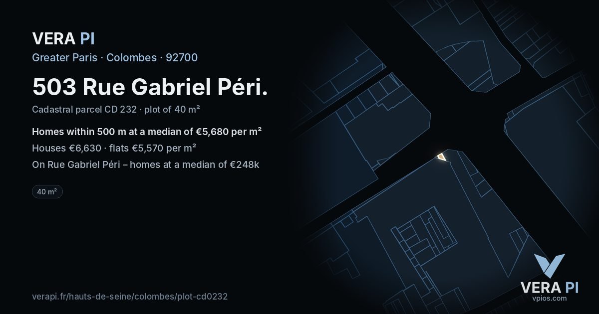 503 Rue Gabriel Péri, Colombes at night – the plot lit, the parcels around coloured by the prices near them