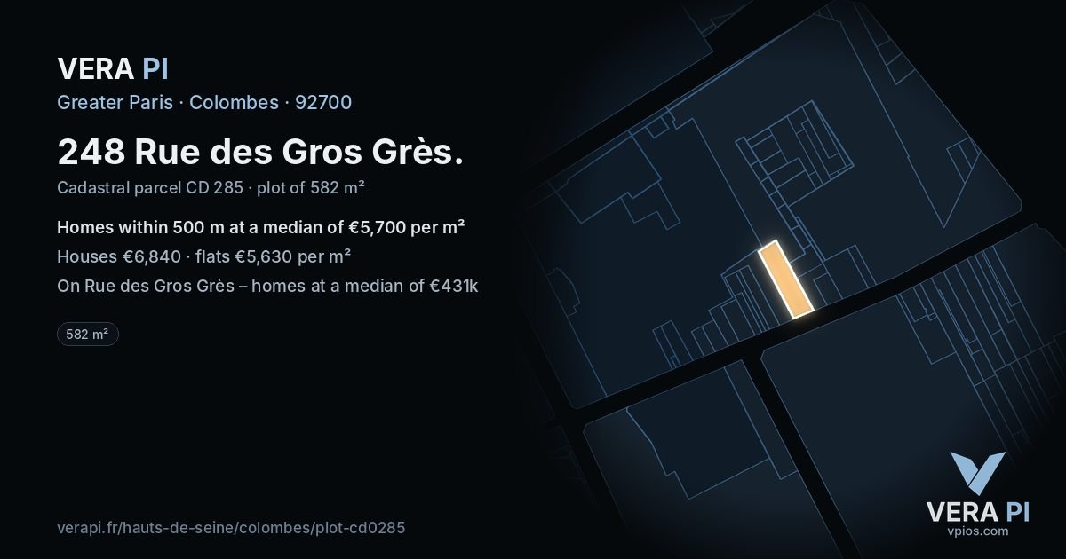 248 Rue des Gros Grès, Colombes at night – the plot lit, the parcels around coloured by the prices near them