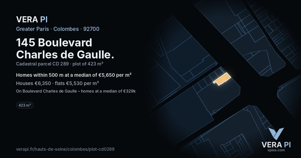 145 Boulevard Charles de Gaulle, Colombes at night – the plot lit, the parcels around coloured by the prices near them
