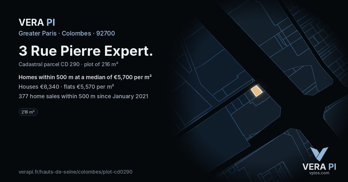 3 Rue Pierre Expert, Colombes at night – the plot lit, the parcels around coloured by the prices near them