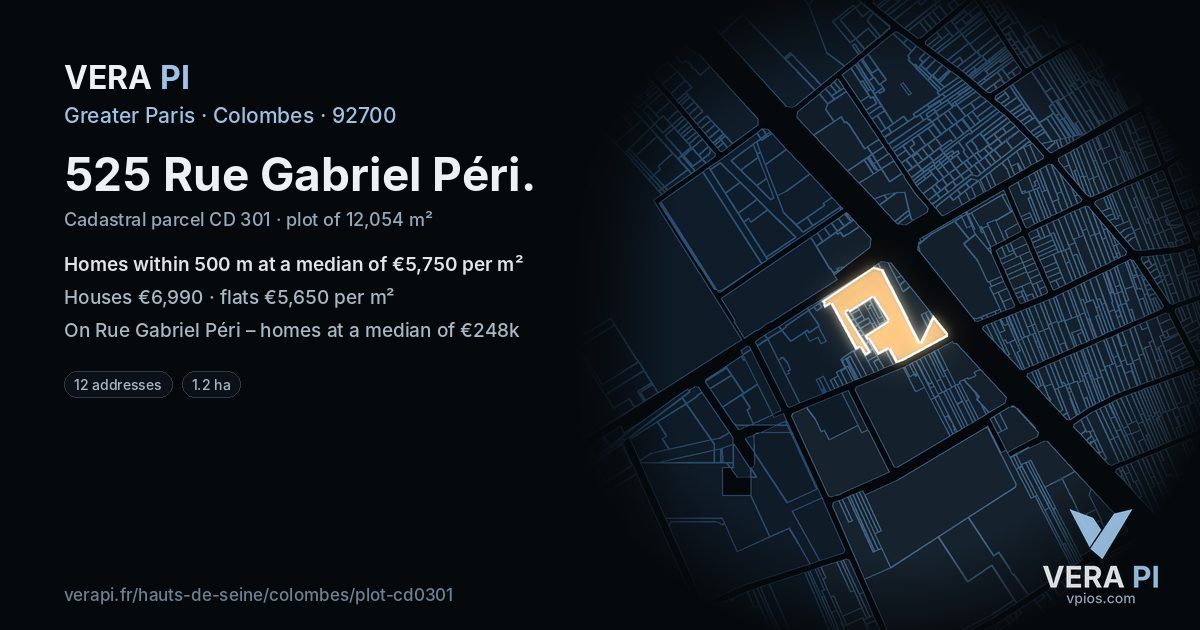 525 Rue Gabriel Péri, Colombes at night – the plot lit, the parcels around coloured by the prices near them
