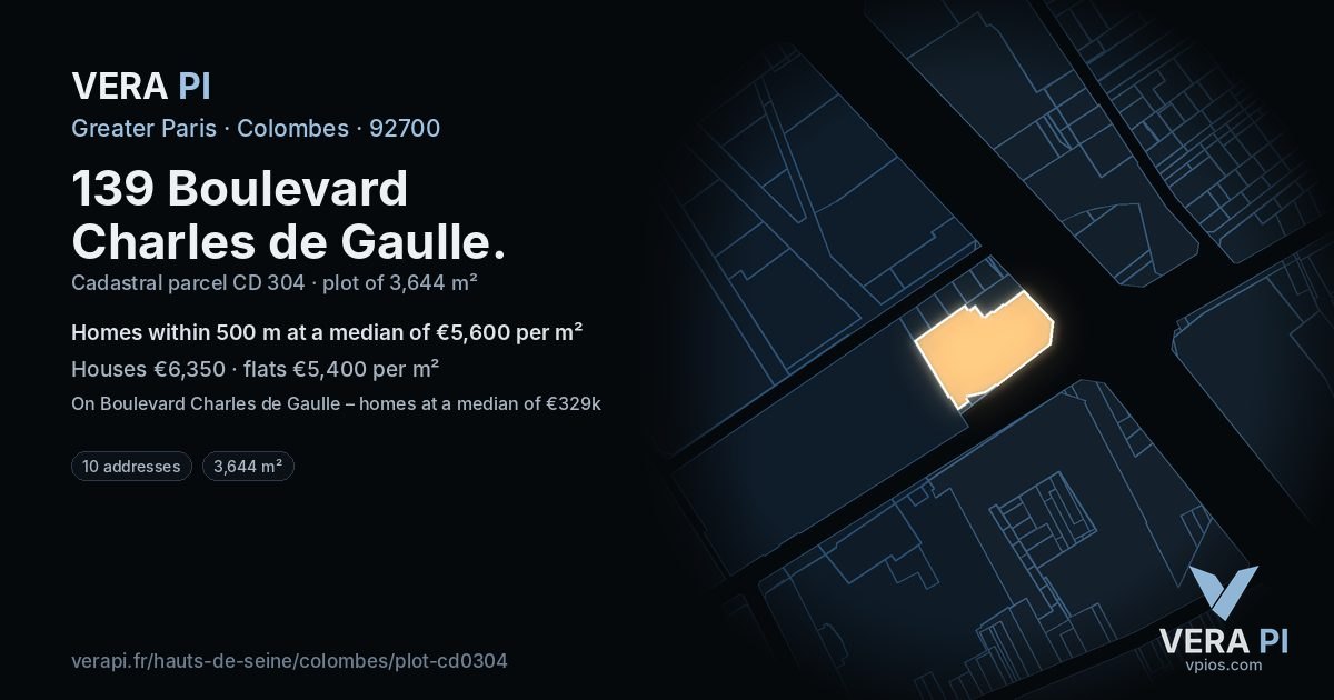 139 Boulevard Charles de Gaulle, Colombes at night – the plot lit, the parcels around coloured by the prices near them