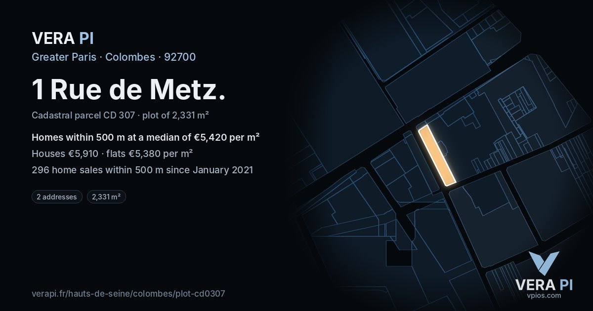 1 Rue de Metz, Colombes at night – the plot lit, the parcels around coloured by the prices near them