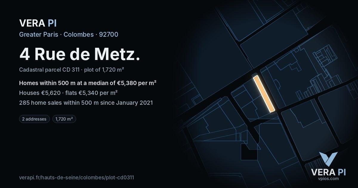 4 Rue de Metz, Colombes at night – the plot lit, the parcels around coloured by the prices near them