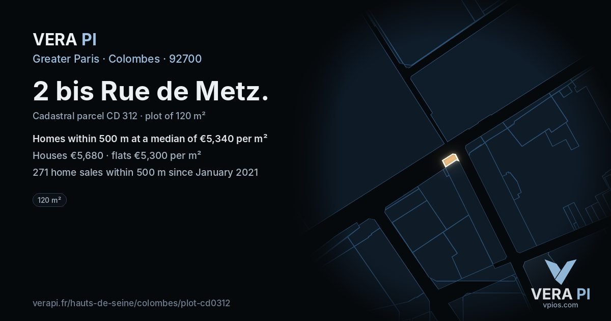 2 bis Rue de Metz, Colombes at night – the plot lit, the parcels around coloured by the prices near them