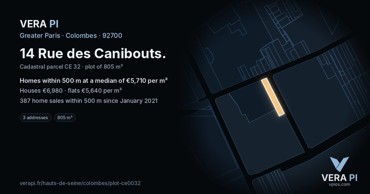 14 Rue des Canibouts, Colombes at night – the plot lit, the parcels around coloured by the prices near them