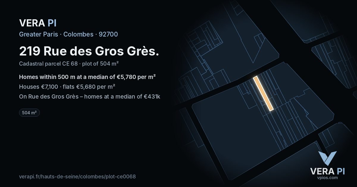 219 Rue des Gros Grès, Colombes at night – the plot lit, the parcels around coloured by the prices near them