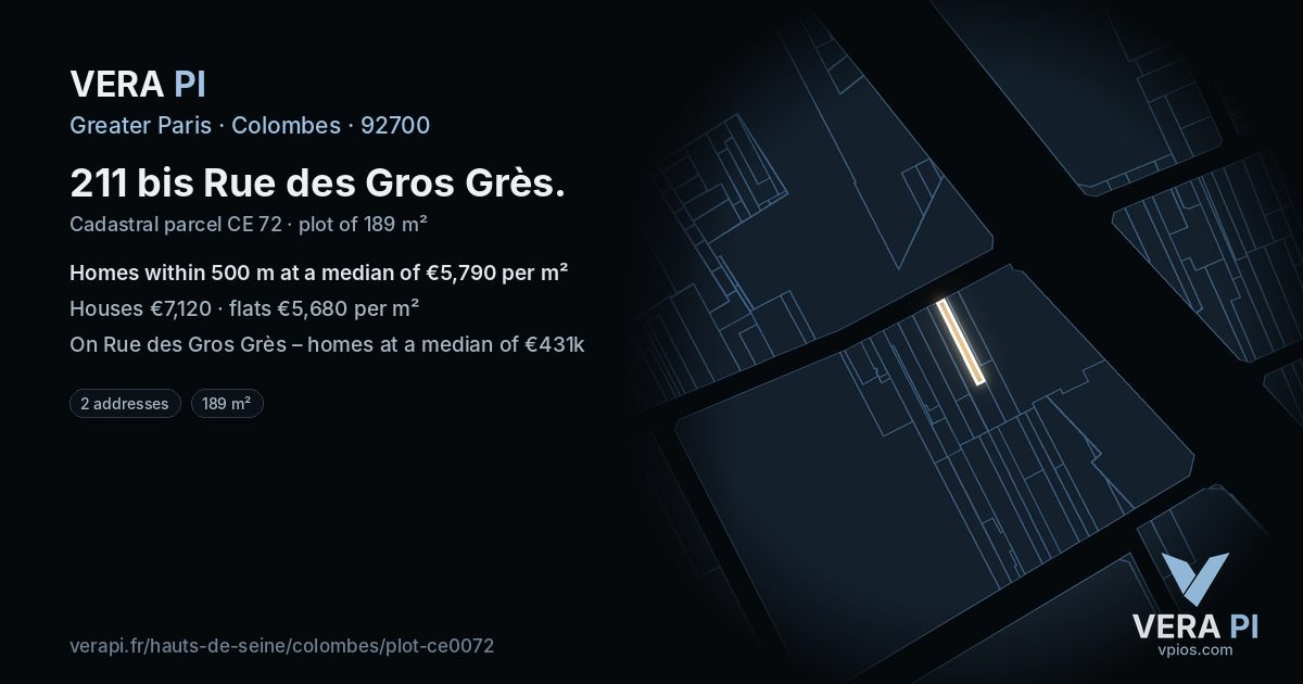 211 bis Rue des Gros Grès, Colombes at night – the plot lit, the parcels around coloured by the prices near them