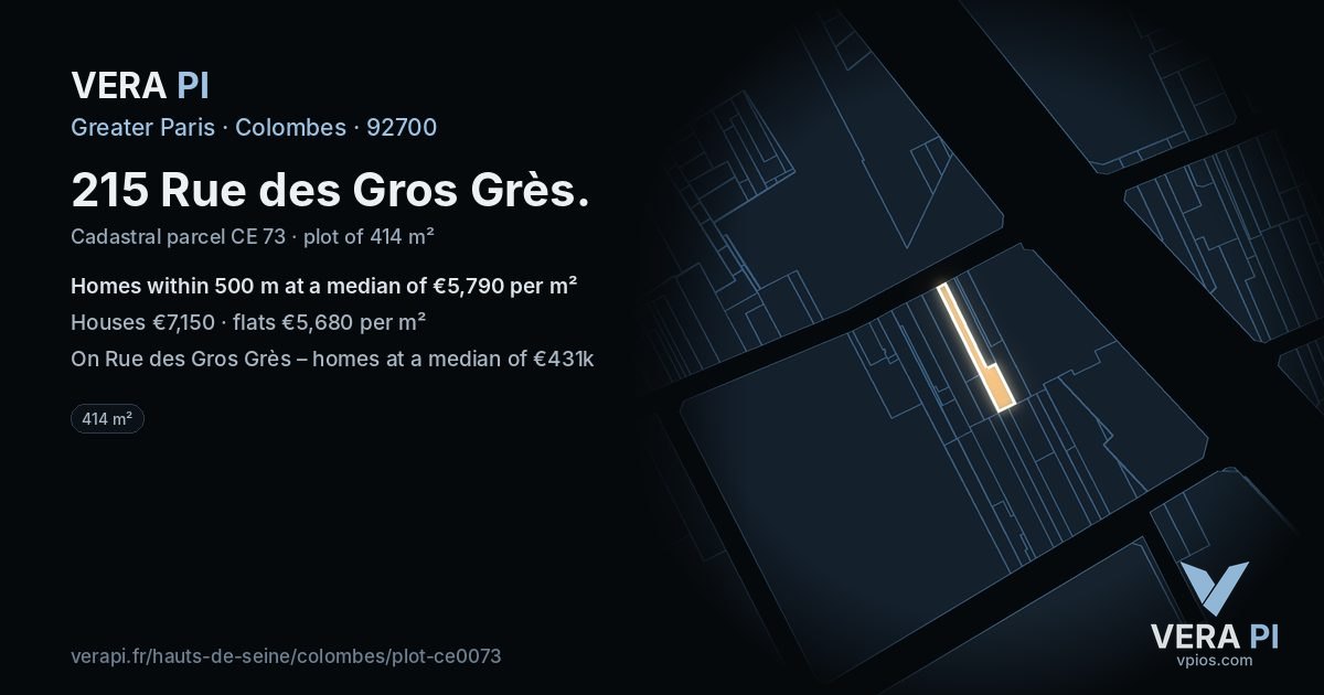 215 Rue des Gros Grès, Colombes at night – the plot lit, the parcels around coloured by the prices near them