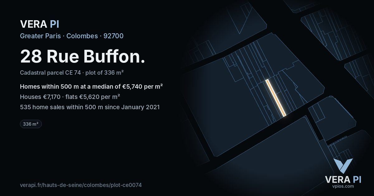 28 Rue Buffon, Colombes at night – the plot lit, the parcels around coloured by the prices near them