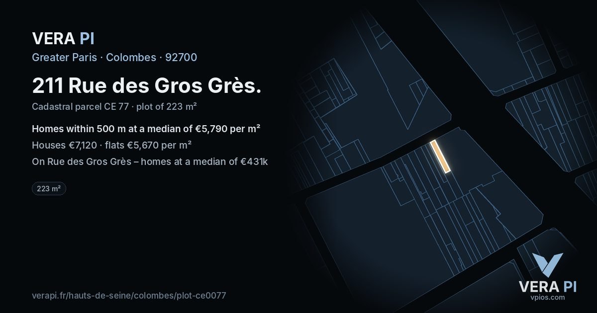 211 Rue des Gros Grès, Colombes at night – the plot lit, the parcels around coloured by the prices near them