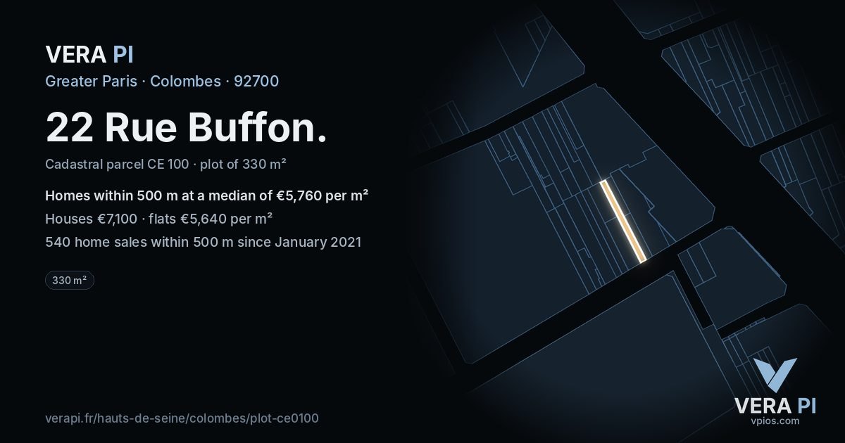 22 Rue Buffon, Colombes at night – the plot lit, the parcels around coloured by the prices near them