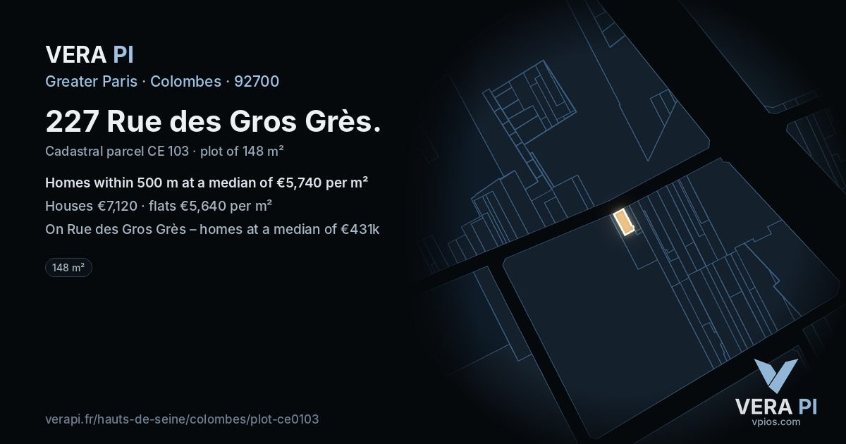 227 Rue des Gros Grès, Colombes at night – the plot lit, the parcels around coloured by the prices near them