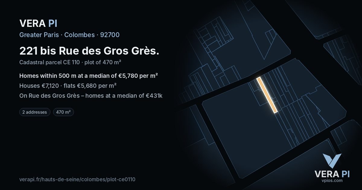 221 bis Rue des Gros Grès, Colombes at night – the plot lit, the parcels around coloured by the prices near them