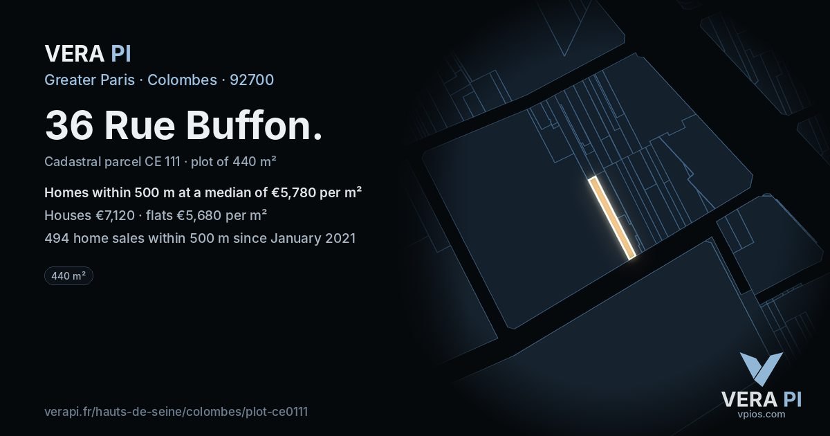 36 Rue Buffon, Colombes at night – the plot lit, the parcels around coloured by the prices near them