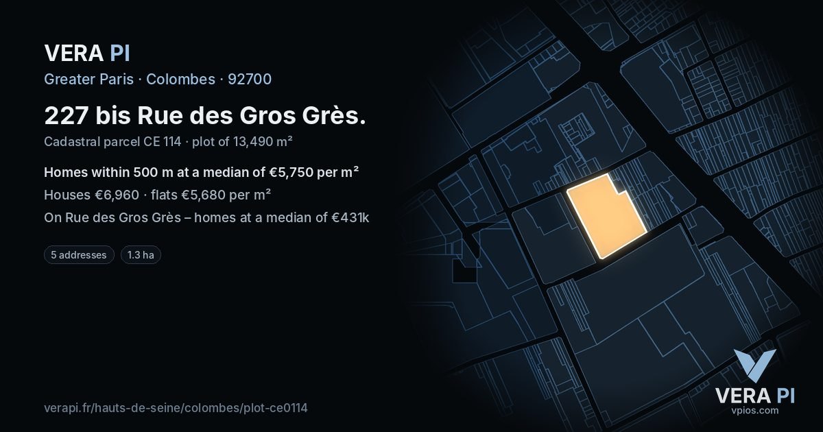 227 bis Rue des Gros Grès, Colombes at night – the plot lit, the parcels around coloured by the prices near them