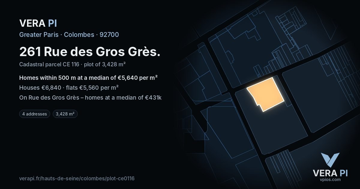 261 Rue des Gros Grès, Colombes at night – the plot lit, the parcels around coloured by the prices near them