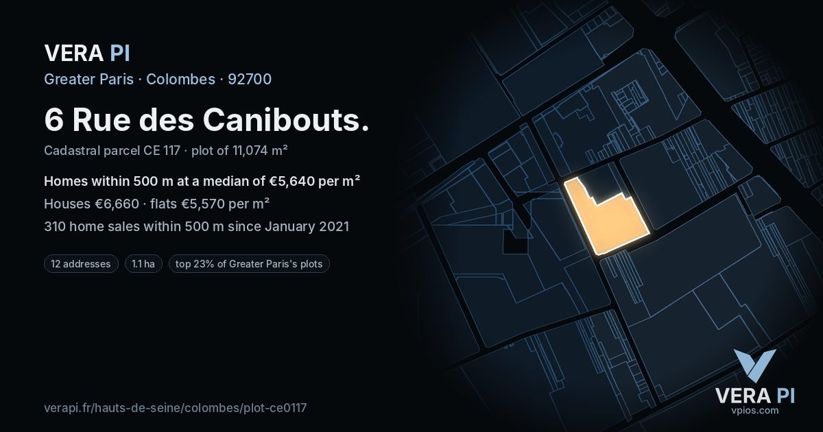 6 Rue des Canibouts, Colombes at night – the plot lit, the parcels around coloured by the prices near them