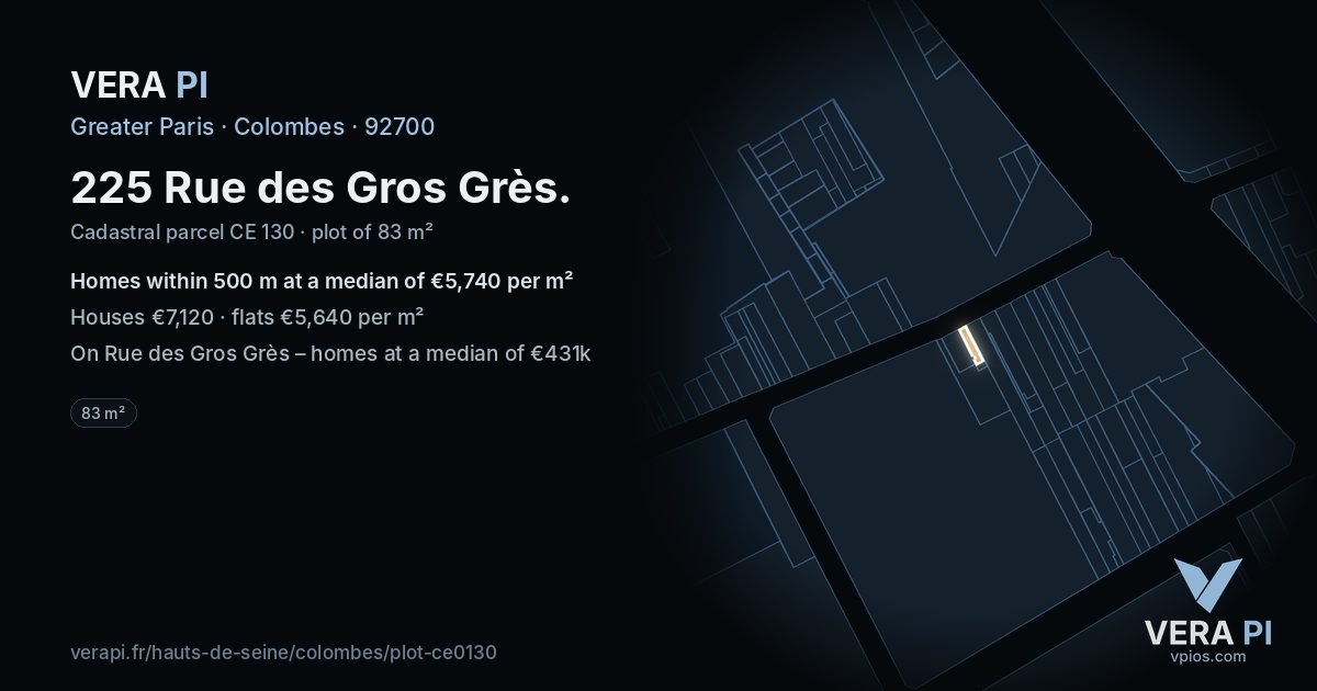 225 Rue des Gros Grès, Colombes at night – the plot lit, the parcels around coloured by the prices near them