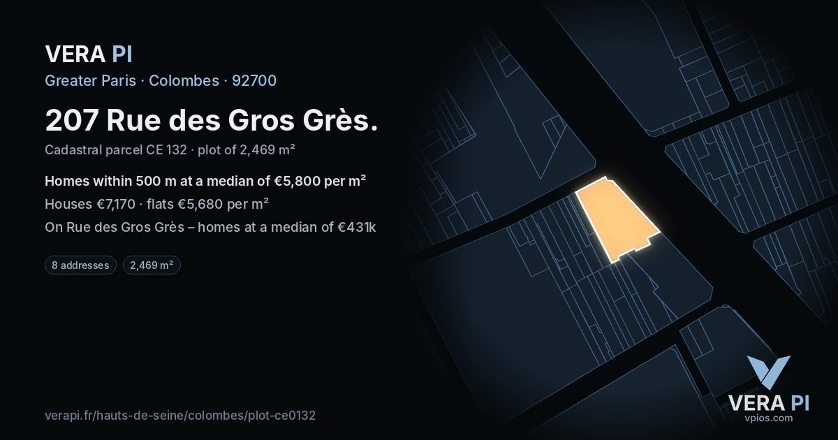 207 Rue des Gros Grès, Colombes at night – the plot lit, the parcels around coloured by the prices near them