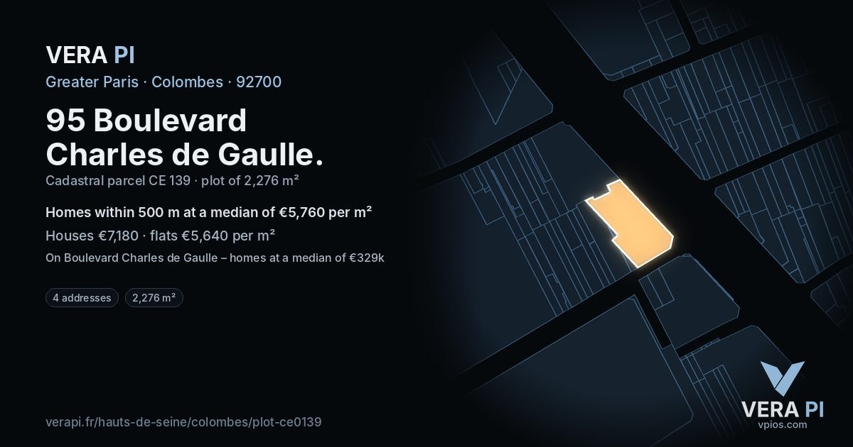 95 Boulevard Charles de Gaulle, Colombes at night – the plot lit, the parcels around coloured by the prices near them