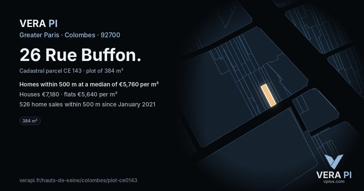26 Rue Buffon, Colombes at night – the plot lit, the parcels around coloured by the prices near them
