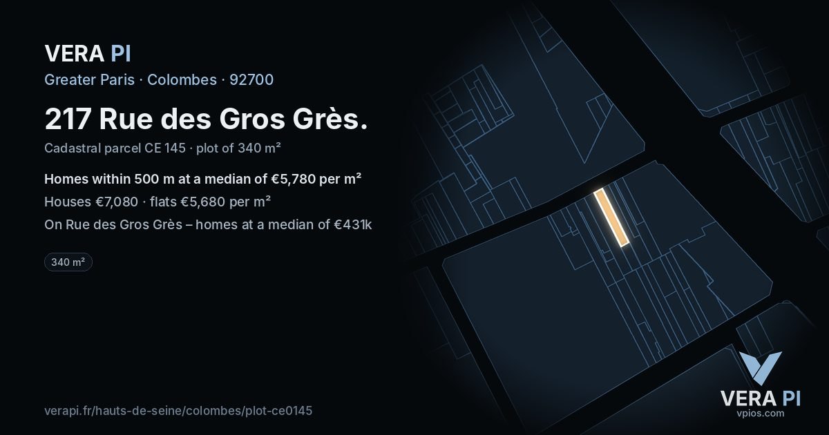 217 Rue des Gros Grès, Colombes at night – the plot lit, the parcels around coloured by the prices near them