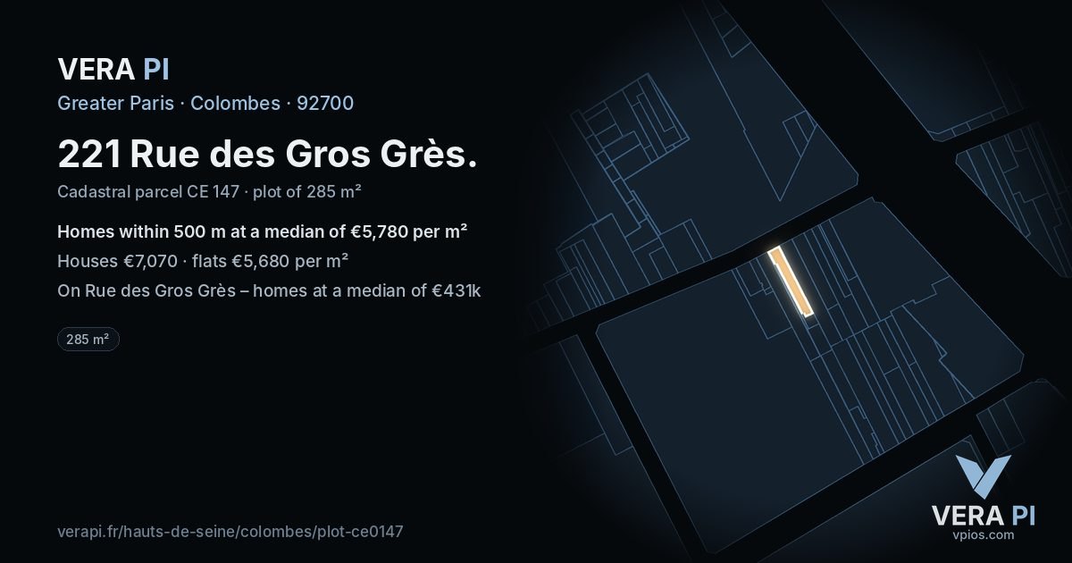 221 Rue des Gros Grès, Colombes at night – the plot lit, the parcels around coloured by the prices near them