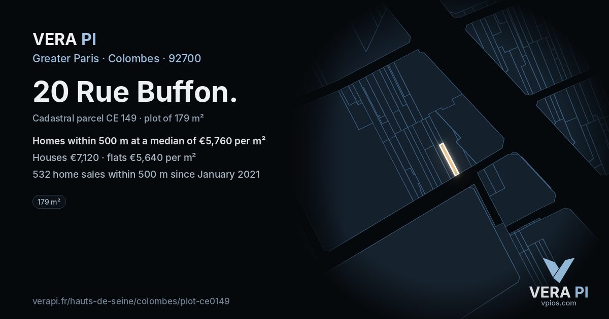20 Rue Buffon, Colombes at night – the plot lit, the parcels around coloured by the prices near them