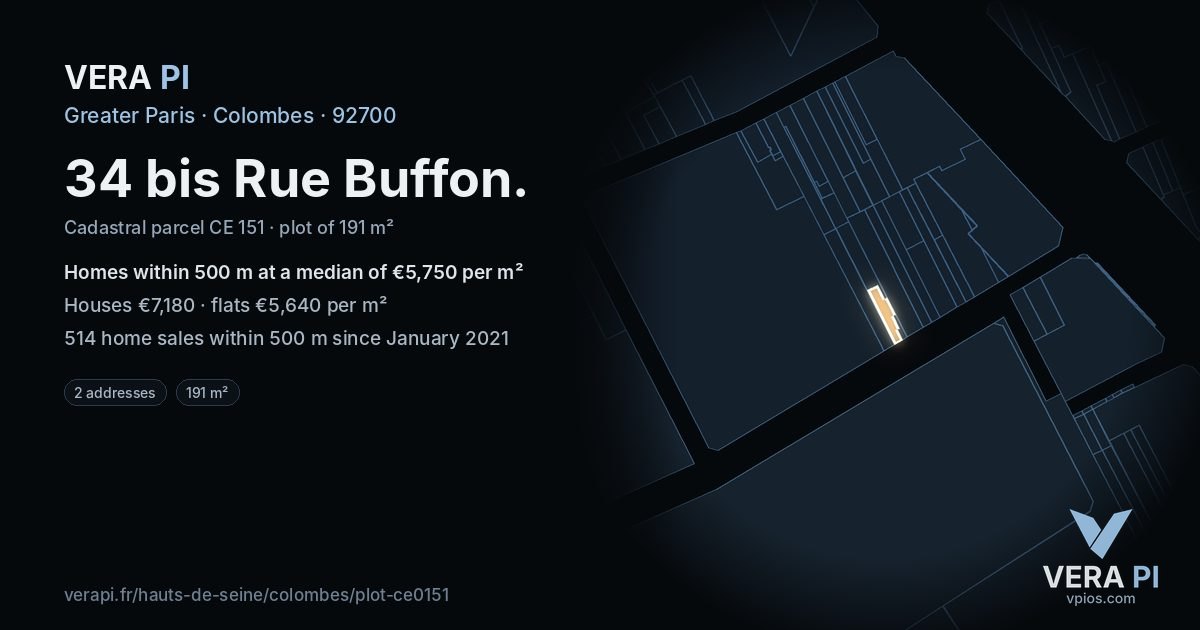 34 bis Rue Buffon, Colombes at night – the plot lit, the parcels around coloured by the prices near them