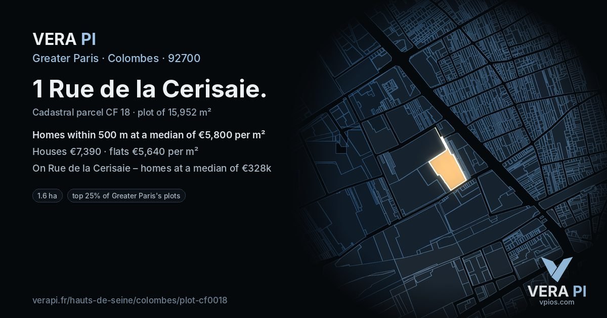 1 Rue de la Cerisaie, Colombes at night – the plot lit, the parcels around coloured by the prices near them