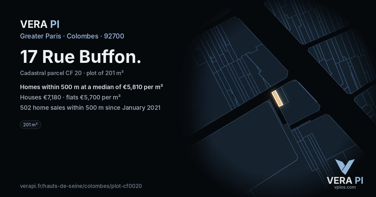17 Rue Buffon, Colombes at night – the plot lit, the parcels around coloured by the prices near them
