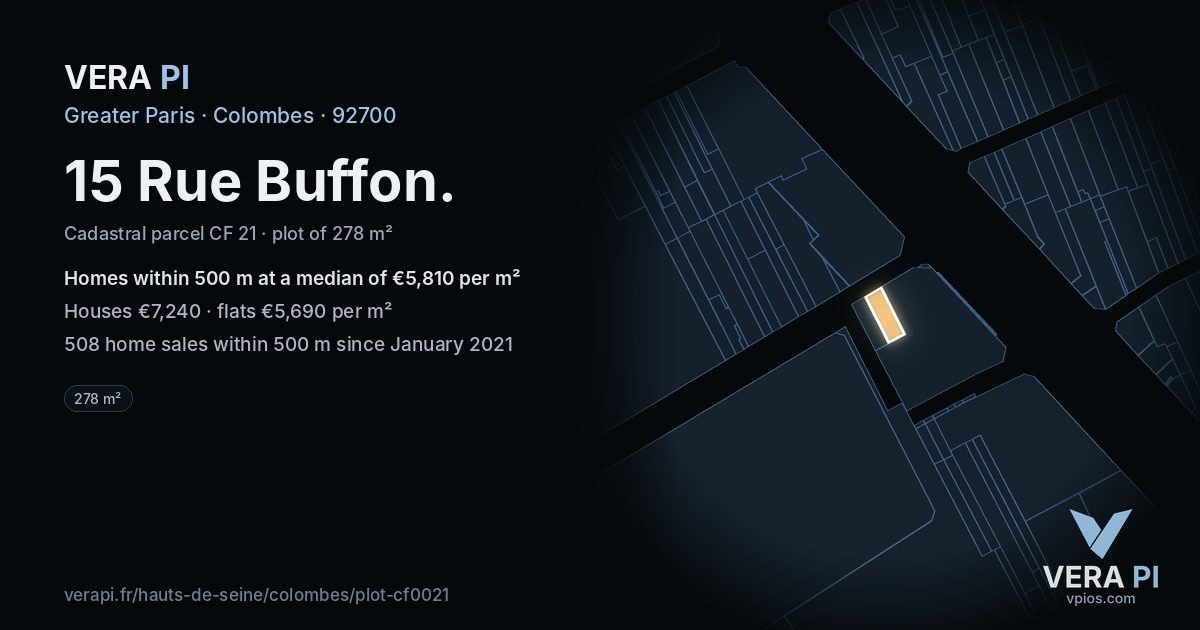 15 Rue Buffon, Colombes at night – the plot lit, the parcels around coloured by the prices near them