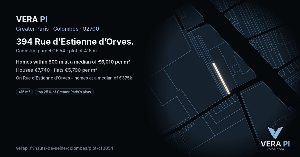 394 Rue d’Estienne d’Orves, Colombes at night – the plot lit, the parcels around coloured by the prices near them