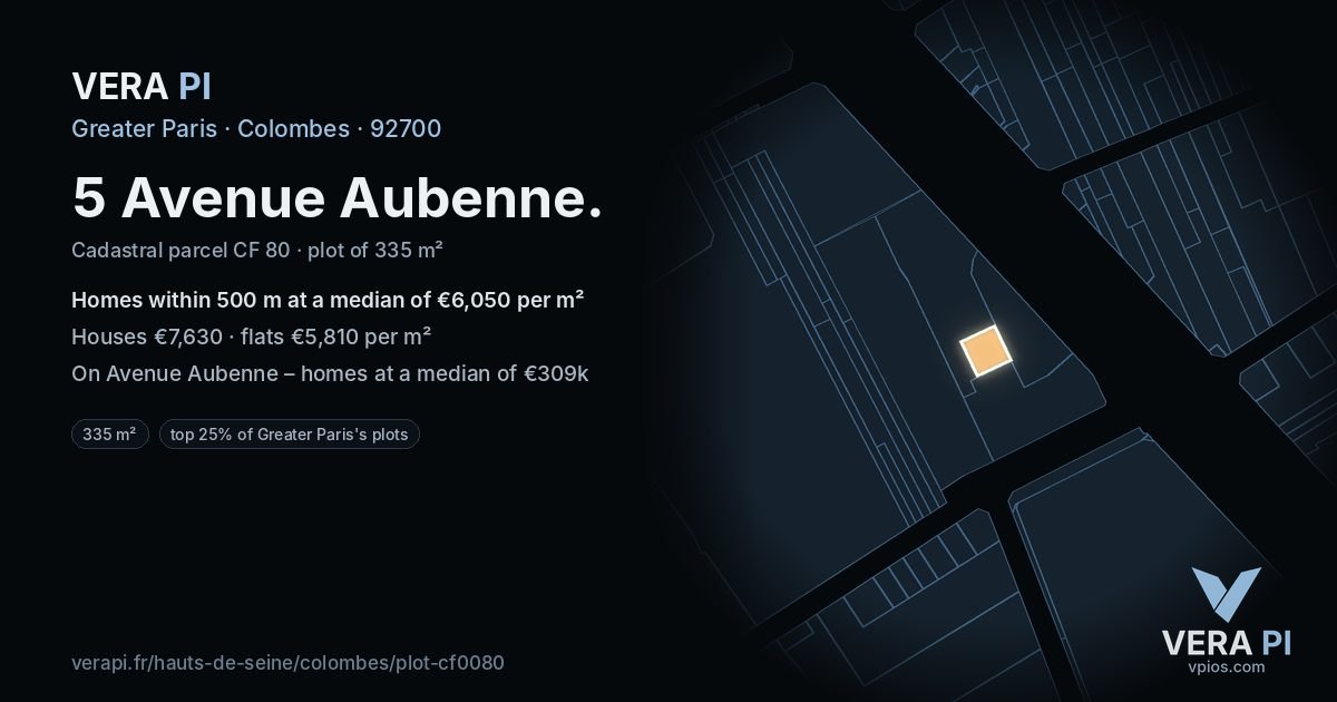 5 Avenue Aubenne, Colombes at night – the plot lit, the parcels around coloured by the prices near them