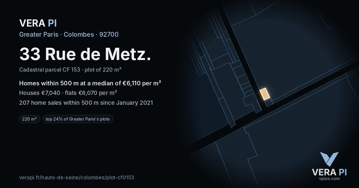 33 Rue de Metz, Colombes at night – the plot lit, the parcels around coloured by the prices near them