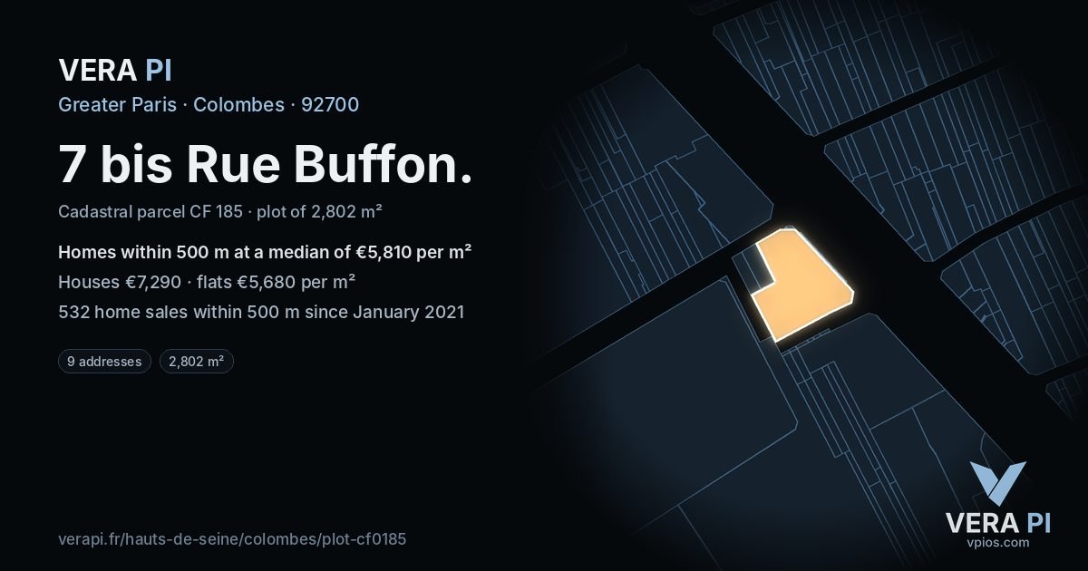 7 bis Rue Buffon, Colombes at night – the plot lit, the parcels around coloured by the prices near them