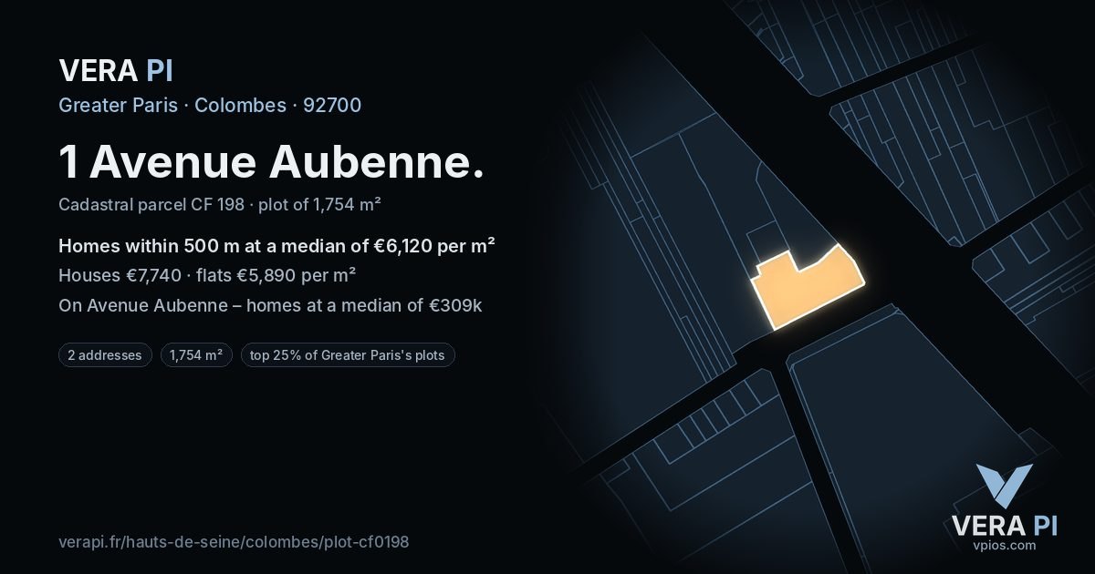 1 Avenue Aubenne, Colombes at night – the plot lit, the parcels around coloured by the prices near them