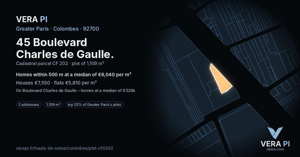 45 Boulevard Charles de Gaulle, Colombes at night – the plot lit, the parcels around coloured by the prices near them