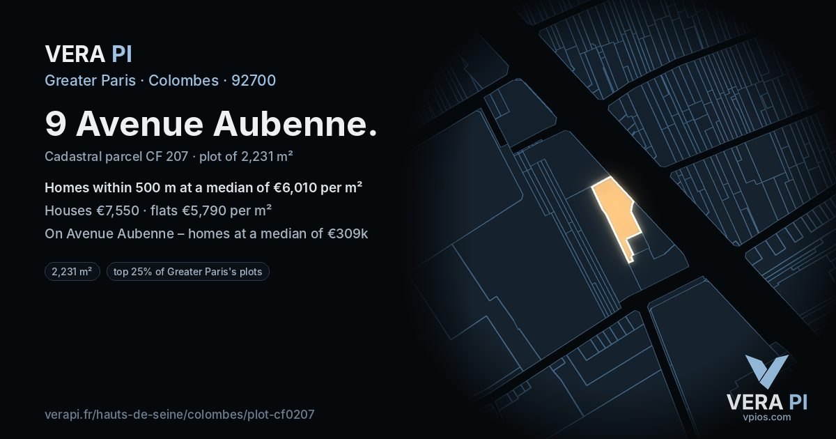 9 Avenue Aubenne, Colombes at night – the plot lit, the parcels around coloured by the prices near them