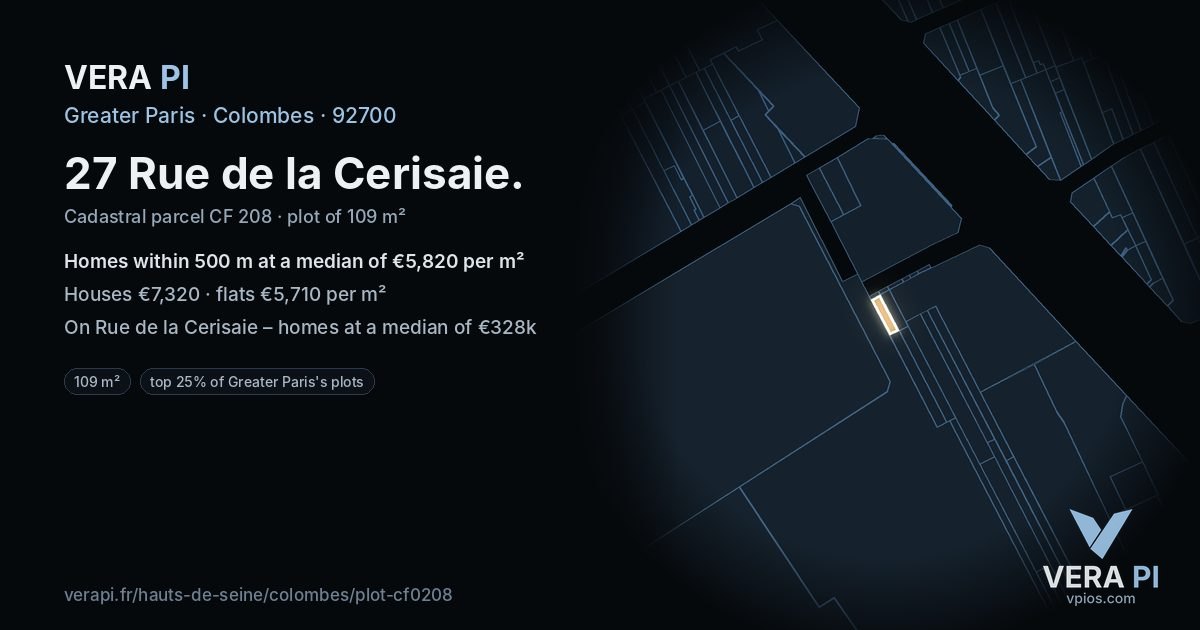 27 Rue de la Cerisaie, Colombes at night – the plot lit, the parcels around coloured by the prices near them
