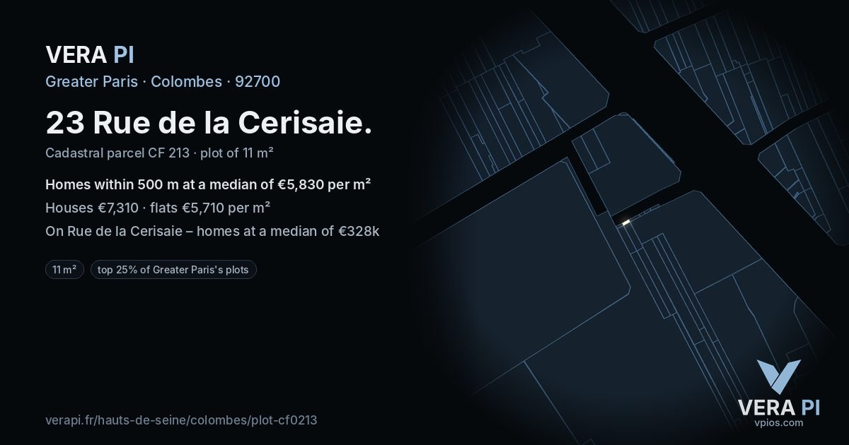23 Rue de la Cerisaie, Colombes at night – the plot lit, the parcels around coloured by the prices near them