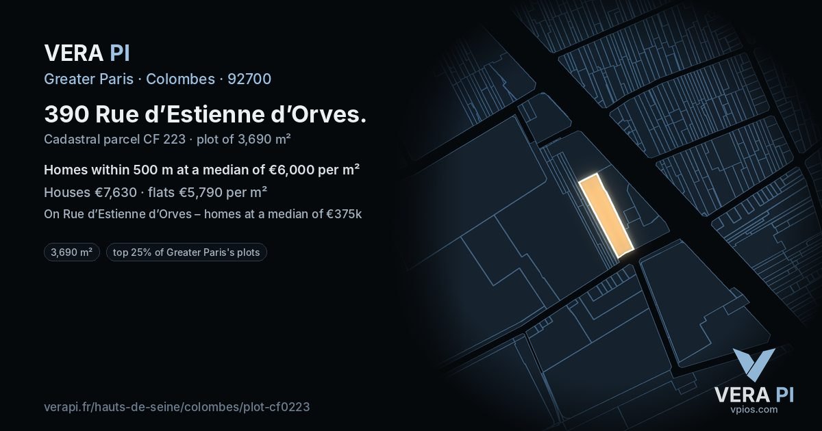 390 Rue d’Estienne d’Orves, Colombes at night – the plot lit, the parcels around coloured by the prices near them
