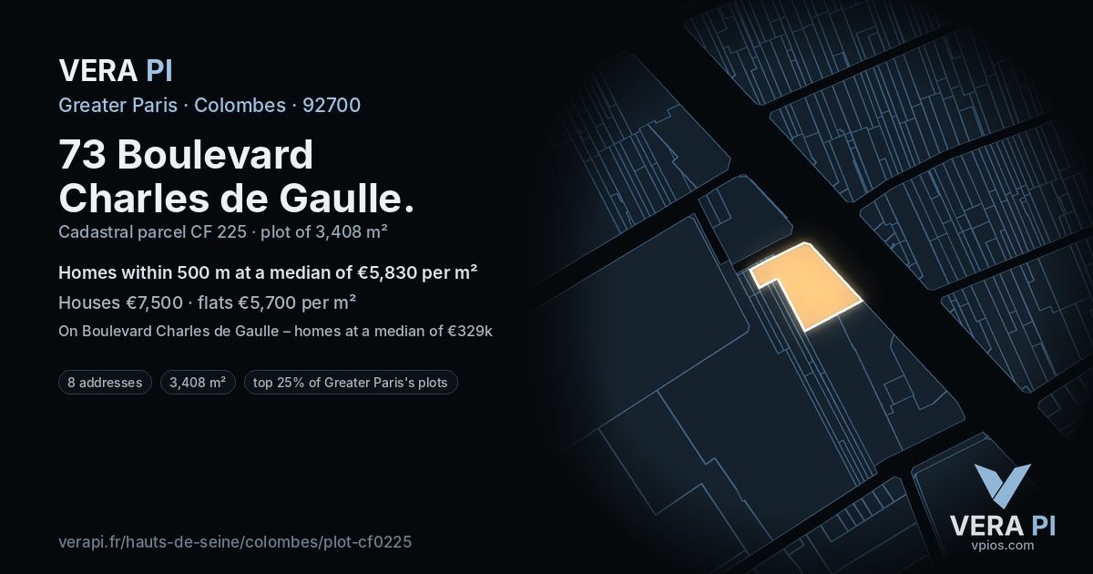 73 Boulevard Charles de Gaulle, Colombes at night – the plot lit, the parcels around coloured by the prices near them