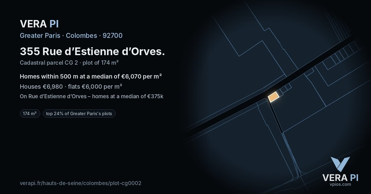 355 Rue d’Estienne d’Orves, Colombes at night – the plot lit, the parcels around coloured by the prices near them
